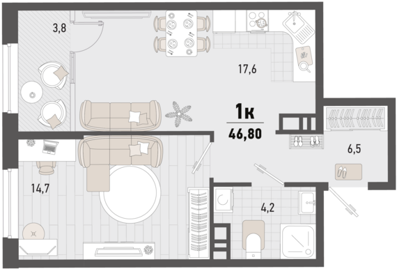 1-комнатная квартира №318 44,9 м2 от застройщика ГК ТОЧНО