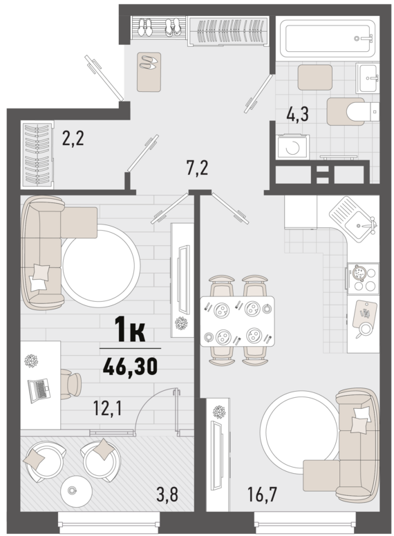 1-комнатная квартира №46 44,4 м2 от застройщика ГК ТОЧНО
