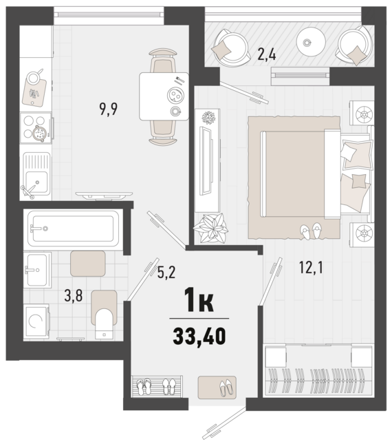 1-комнатная квартира №186 32,2 м2 от застройщика ГК ТОЧНО