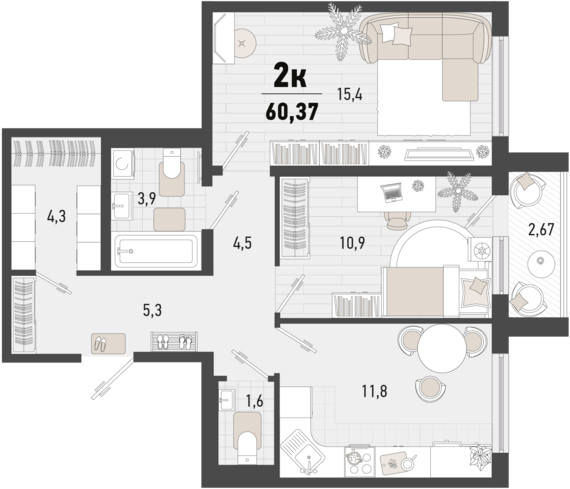 2-комнатная квартира №133 58,5 м2 от застройщика ГК ТОЧНО