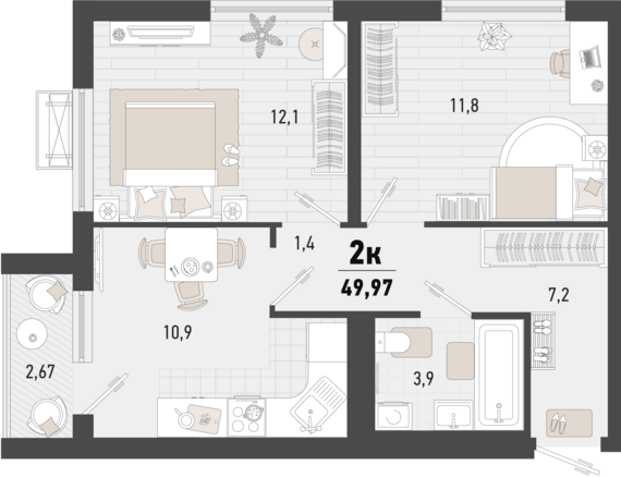 2-комнатная квартира №244 48,1 м2 от застройщика ГК ТОЧНО