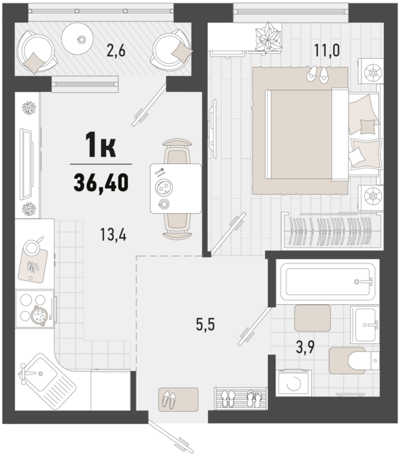 1-комнатная квартира №225 35,1 м2 от застройщика ГК ТОЧНО