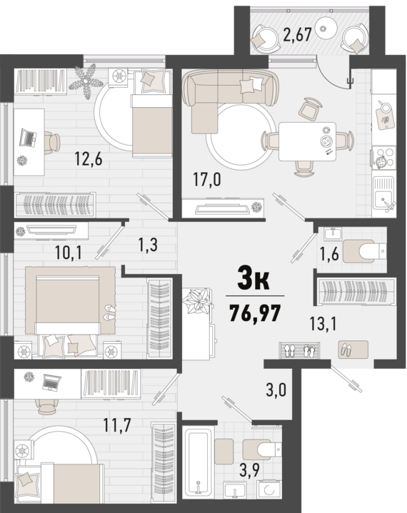 3-комнатная квартира №28 75,1 м2 от застройщика ГК ТОЧНО