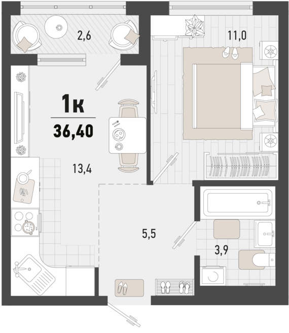 1-комнатная квартира №228 35,1 м2 от застройщика ГК ТОЧНО