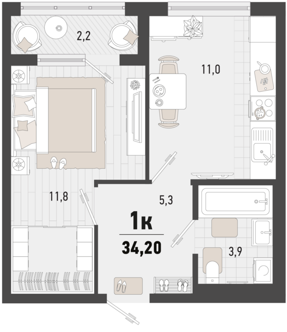1-комнатная квартира №197 33,1 м2 от застройщика ГК ТОЧНО