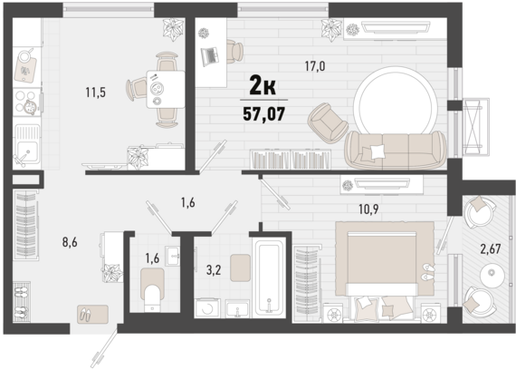 2-комнатная квартира №176 55,2 м2 от застройщика ГК ТОЧНО
