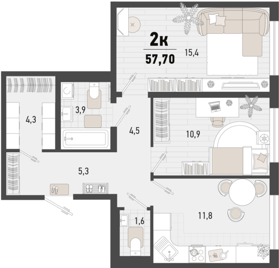 2-комнатная квартира №4 57,7 м2 от застройщика ГК ТОЧНО