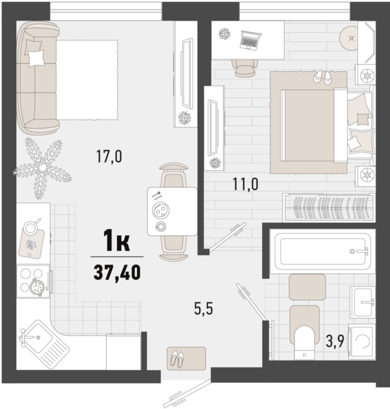 1-комнатная квартира №1 37,4 м2 от застройщика ГК ТОЧНО
