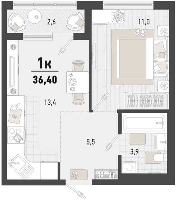1-комнатная квартира №185 35,1 м2 от застройщика ГК ТОЧНО