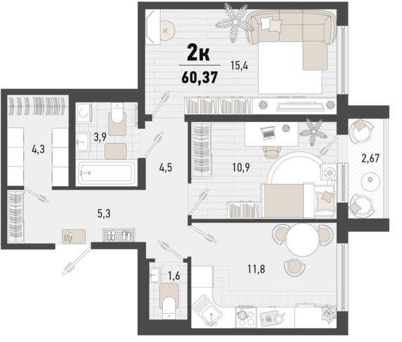2-комнатная квартира №79 58,5 м2 от застройщика ГК ТОЧНО