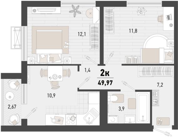 2-комнатная квартира №179 48,1 м2 от застройщика ГК ТОЧНО