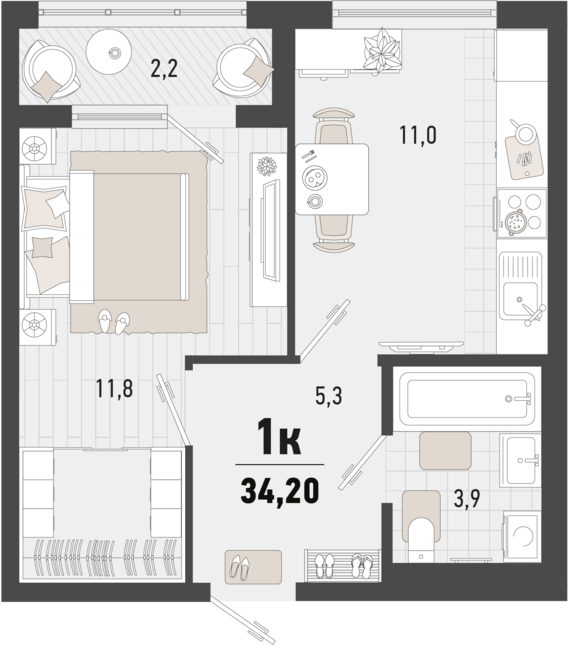 1-комнатная квартира №214 33,1 м2 от застройщика ГК ТОЧНО