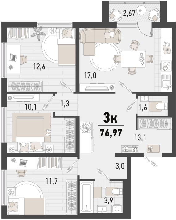 1-комнатная квартира №193 35,1 м2 от застройщика ГК ТОЧНО