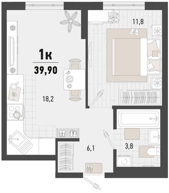 1-комнатная квартира №193 39,9 м2 от застройщика ГК ТОЧНО