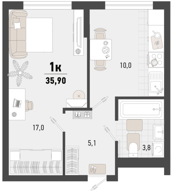 1-комнатная квартира №194 35,9 м2 от застройщика ГК ТОЧНО