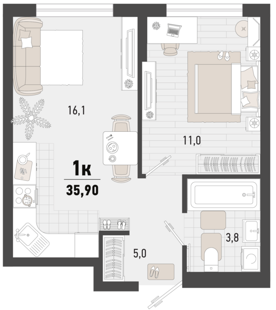 1-комнатная квартира №195 35,9 м2 от застройщика ГК ТОЧНО