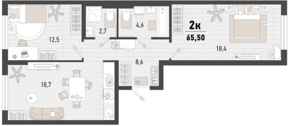 2-комнатная квартира №196 65,5 м2 от застройщика ГК ТОЧНО