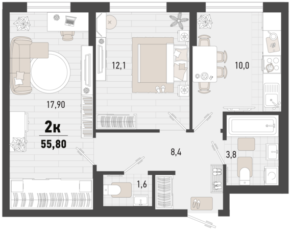 2-комнатная квартира №197 53,8 м2 от застройщика ГК ТОЧНО