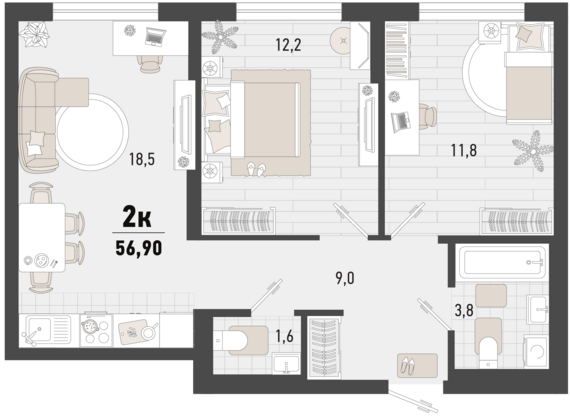 2-комнатная квартира №198 56,9 м2 от застройщика ГК ТОЧНО
