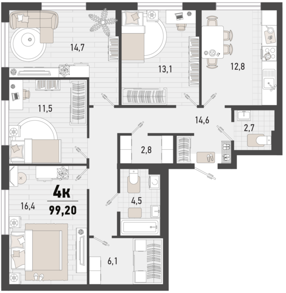 4-комнатная квартира №199 99,2 м2 от застройщика ГК ТОЧНО