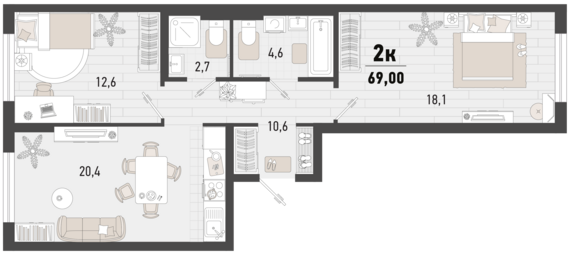 2-комнатная квартира №200 69 м2 от застройщика ГК ТОЧНО