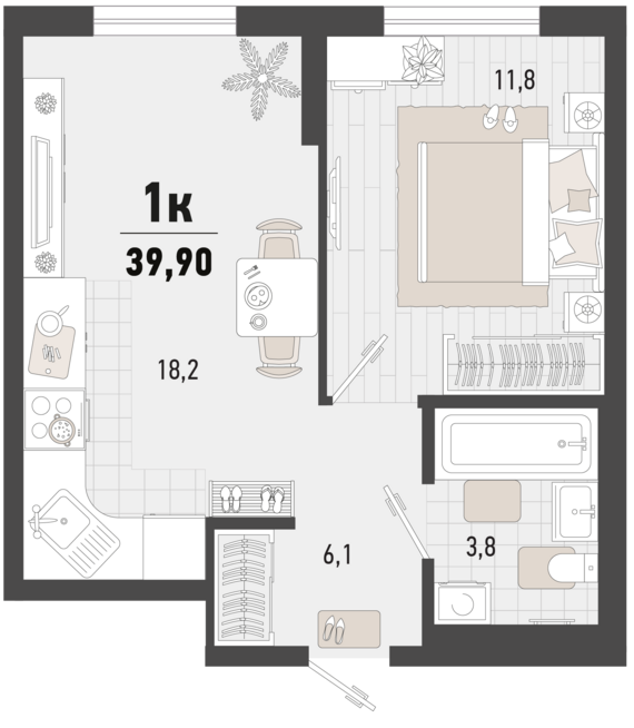 1-комнатная квартира №255 39,9 м2 от застройщика ГК ТОЧНО
