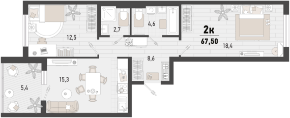 2-комнатная квартира №240 64,8 м2 от застройщика ГК ТОЧНО