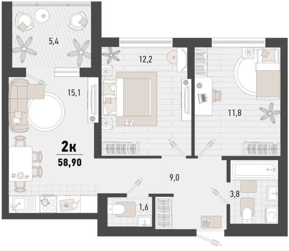 2-комнатная квартира №296 56 м2 от застройщика ГК ТОЧНО