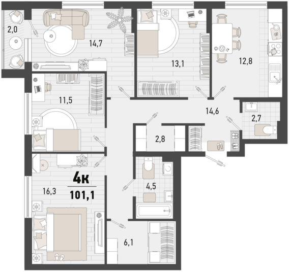 4-комнатная квартира №298 99,7 м2 от застройщика ГК ТОЧНО