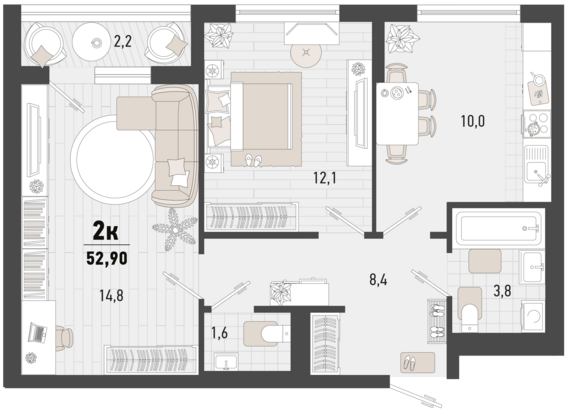 2-комнатная квартира №205 51,8 м2 от застройщика ГК ТОЧНО