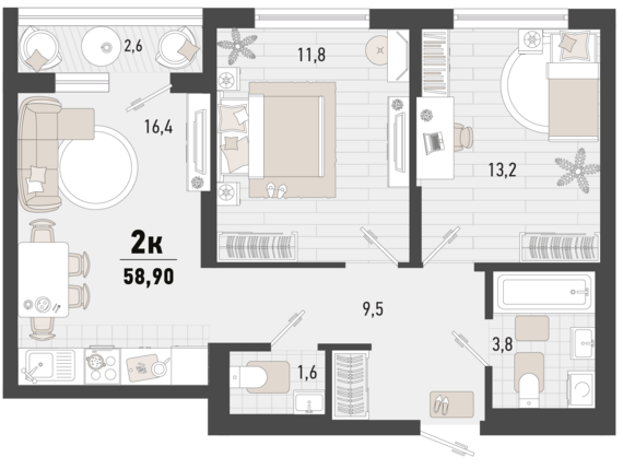 2-комнатная квартира №207 57,6 м2 от застройщика ГК ТОЧНО