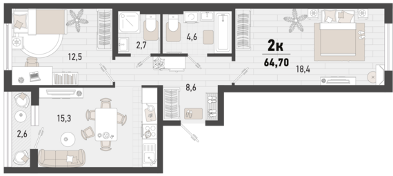 2-комнатная квартира №249 63,4 м2 от застройщика ГК ТОЧНО
