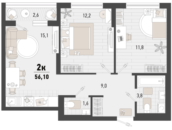 2-комнатная квартира №323 54,8 м2 от застройщика ГК ТОЧНО