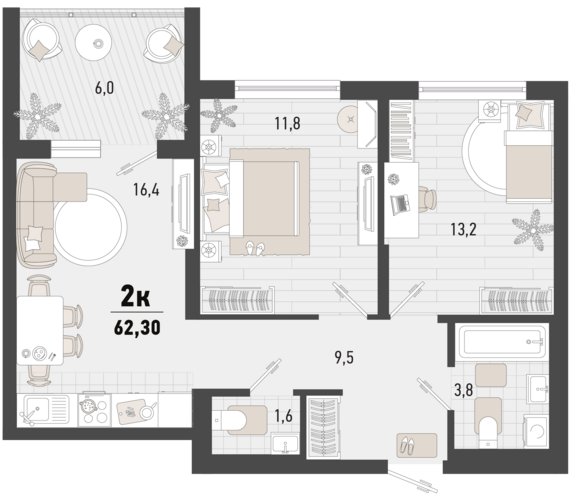 2-комнатная квартира №234 59,3 м2 от застройщика ГК ТОЧНО
