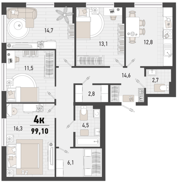 4-комнатная квартира №235 99,1 м2 от застройщика ГК ТОЧНО