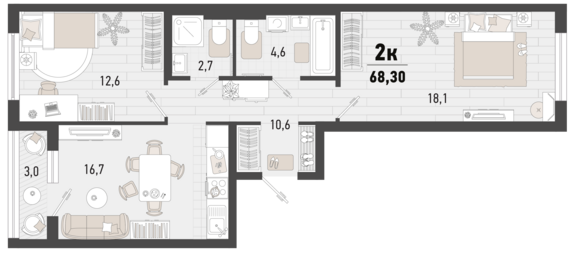 2-комнатная квартира №218 66,8 м2 от застройщика ГК ТОЧНО