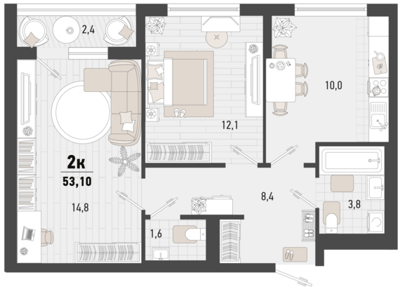 2-комнатная квартира №313 51,9 м2 от застройщика ГК ТОЧНО