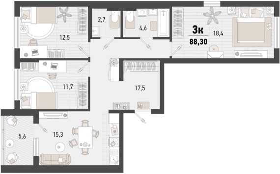 3-комнатная квартира №381 85,5 м2 от застройщика ГК ТОЧНО