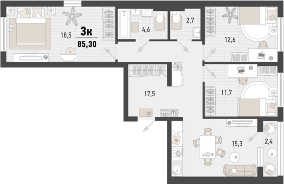3-комнатная квартира №345 84,1 м2 от застройщика ГК ТОЧНО
