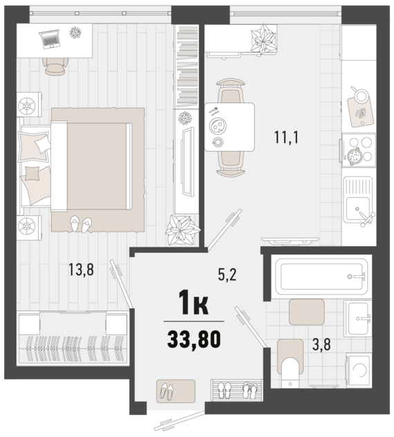 1-комнатная квартира №1 33,8 м2 от застройщика ГК ТОЧНО