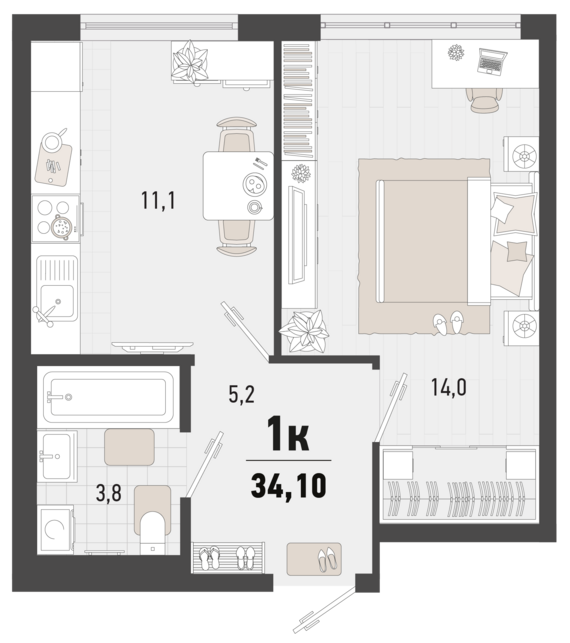 1-комнатная квартира №3 34,1 м2 от застройщика ГК ТОЧНО