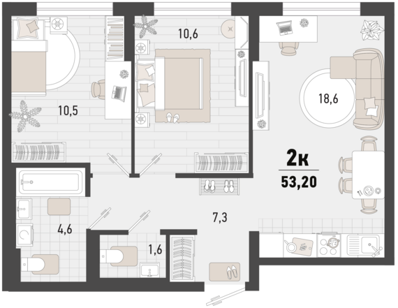 2-комнатная квартира №5 53,2 м2 от застройщика ГК ТОЧНО
