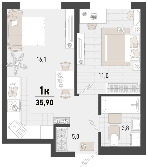 1-комнатная квартира №9 35,9 м2 от застройщика ГК ТОЧНО