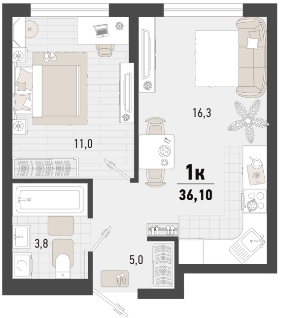 1-комнатная квартира №10 36,1 м2 от застройщика ГК ТОЧНО