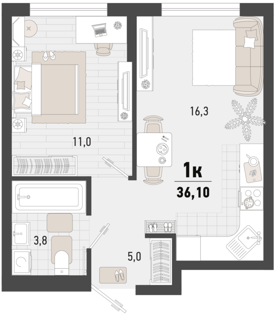 1-комнатная квартира №23 36,1 м2 от застройщика ГК ТОЧНО