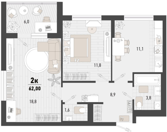 2-комнатная квартира №66 59 м2 от застройщика ГК ТОЧНО