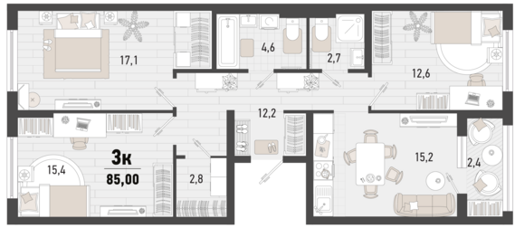 3-комнатная квартира №20 83,8 м2 от застройщика ГК ТОЧНО