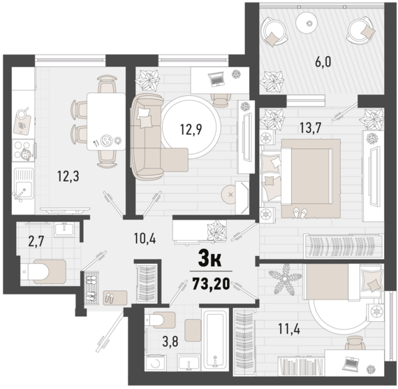 3-комнатная квартира №26 70,2 м2 от застройщика ГК ТОЧНО