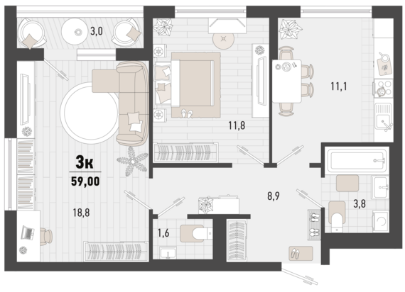 2-комнатная квартира №105 57,5 м2 от застройщика ГК ТОЧНО