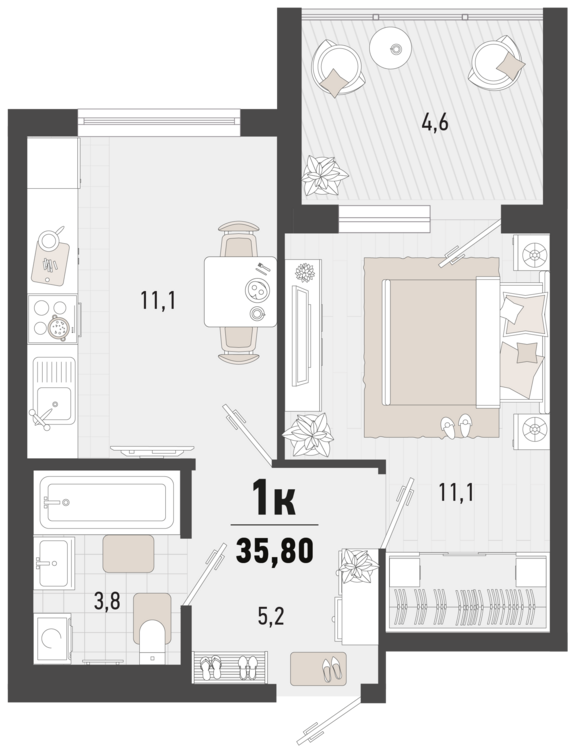 1-комнатная квартира №184 33,5 м2 от застройщика ГК ТОЧНО